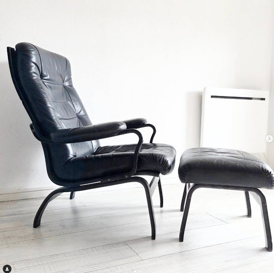 Fauteuil scandinave en cuir 🖤avec ottoman
