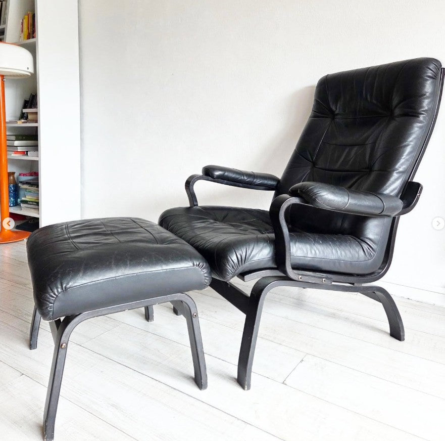 Fauteuil scandinave en cuir 🖤avec ottoman