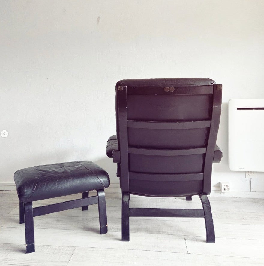 Fauteuil scandinave en cuir 🖤avec ottoman